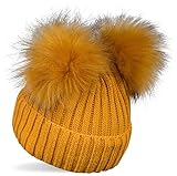 styleBREAKER Kinder Strick Bommelmütze mit 2 Kunstfellbommel und Fleece Futter, Winter Mütze, Strickmütze, 2-5 Jahre 04024203, Farbe:Curry