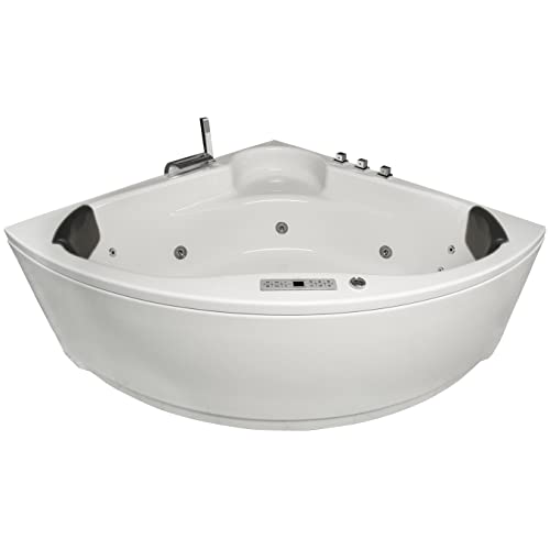 Basera® Premium Indoor Eck-Whirlpool Badewanne Futuna 140 x 140 cm mit 21 Massagedüsen, Heizung, Ozongenerator, Bodenansaugung, Wasserfall, LED-Ambiente, Touchpanel, Bluetooth, Radio