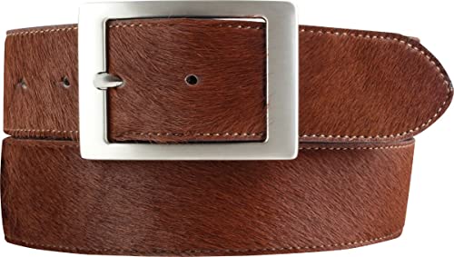 BELTINGER Herren-Gürtel mit echtem Fell und Doppel-Schließe 4 cm | Fell-Gürtel für Herren 40mm | Kuh-Ledergürtel mit geschlossener Dornschließe | Braun 95cm