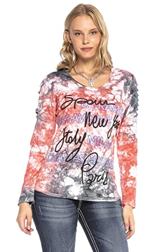 Cipo & Baxx Damen Langarmshirt Batik Waschung Rundhals Cut-Outs Sweatshirt Pullover Strassteine Anthracite-Pink S