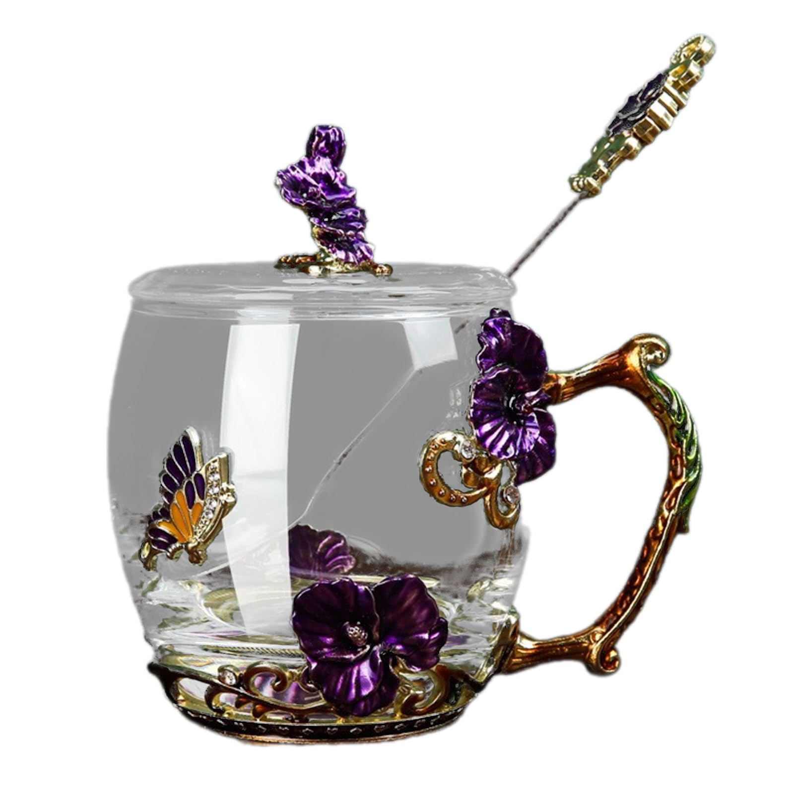 Praktisches Glas Emaille Becher Geschenkset Schmetterlinge Emaillierte Glasbecher Blumen Verzierter Glas Wasserbecher Mit Löffel