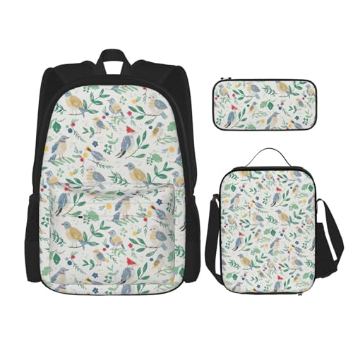 WURTON Schulrucksack-Set mit Vogel und Blumendruck, 3-in-1, Büchertasche, Set mit Lunchbox, Federmäppchen, Reise, Laptop, Tagesrucksack