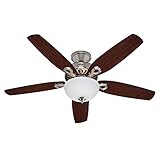 HUNTER FAN Deckenventilator Builder Deluxe 132 cm, Beleuchtung & Zugschalter, Nickel Gebürstet, 5 umkehrbare Flügel brasilianische Kirsche & Nussbaum gebrannt, optimal für Sommer-Winter, Modell 50571