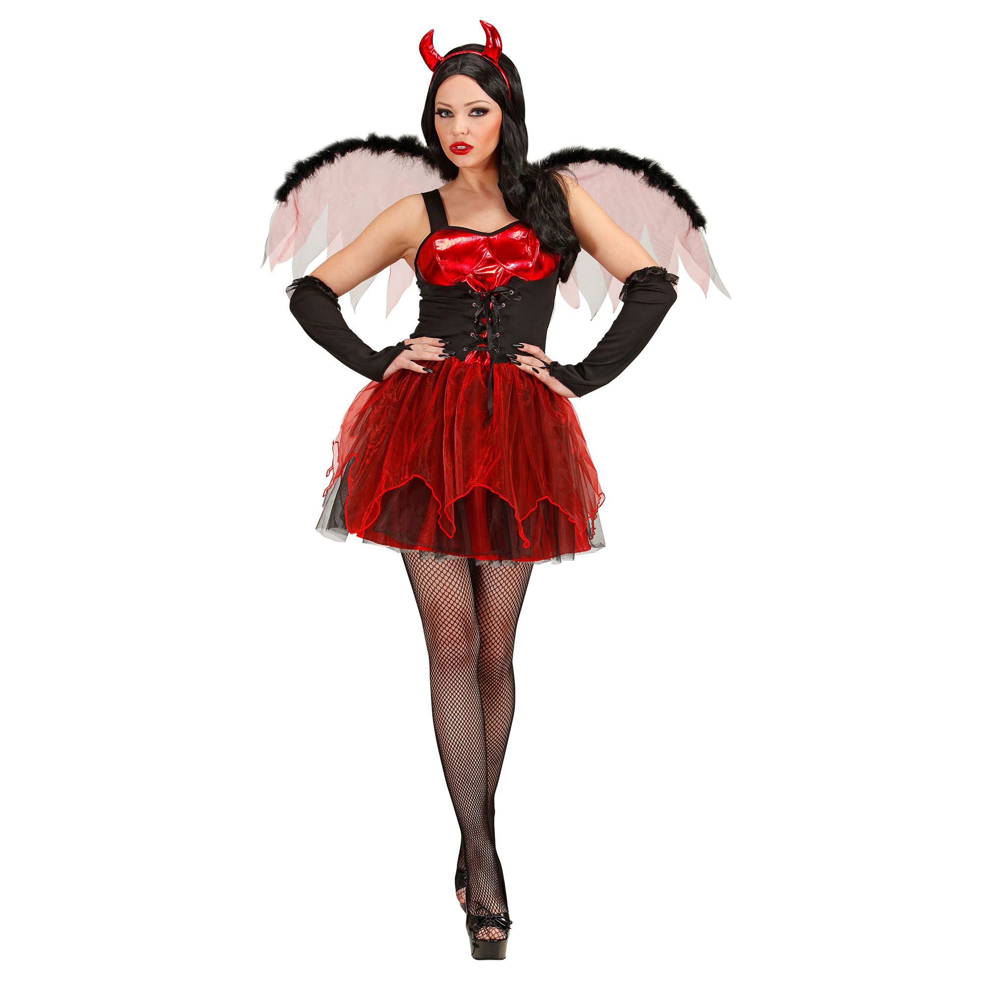 Widmann - Kostüm Teufelin, Kleid, Flügel, Handschuhe ohne Finger, Hörner, Halloween, Mottoparty, Karneval