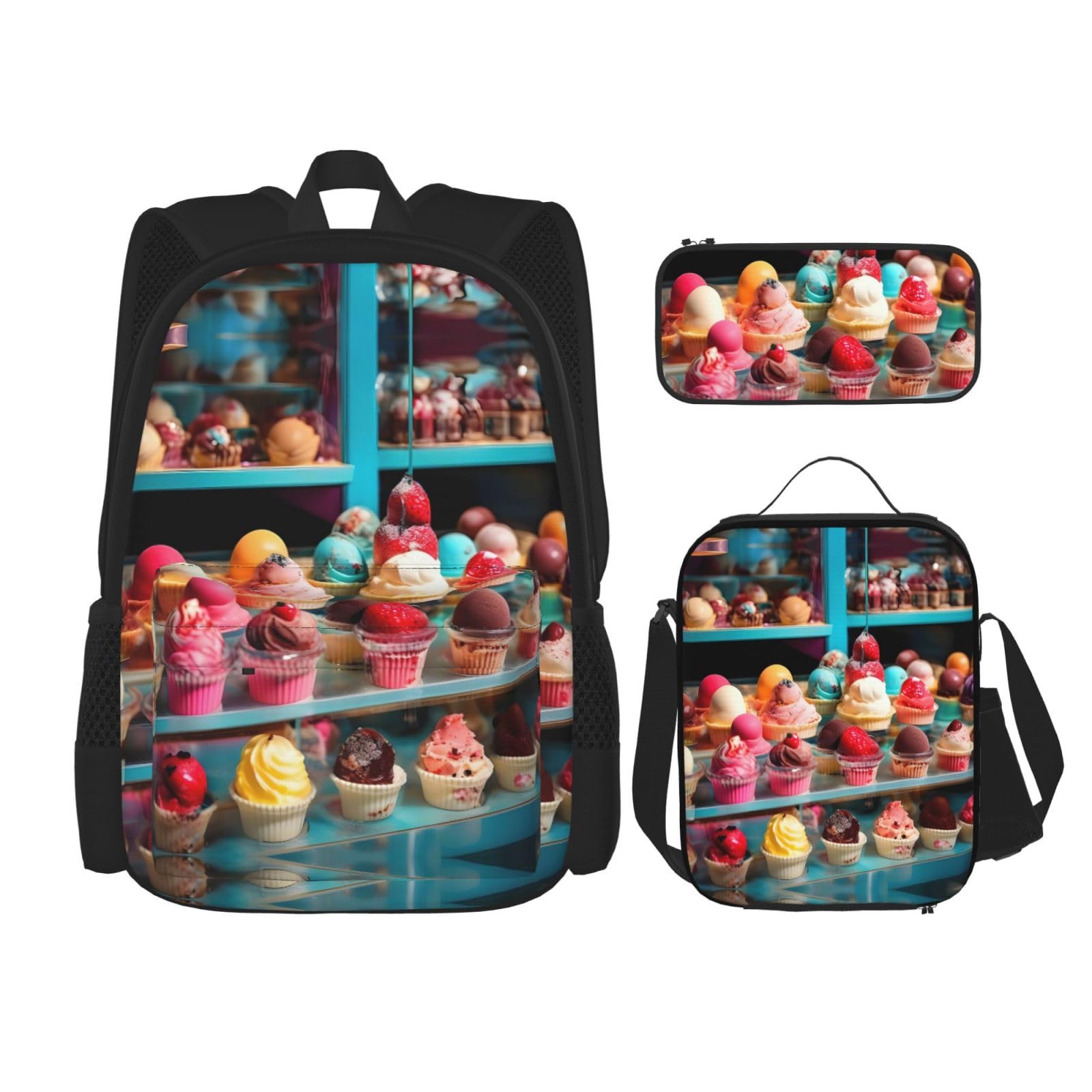 WURTON Reise-Lunchbox, Federmäppchen, Rucksack-Set, 3-teilig, verstellbare Riemen, leicht, Schwarz, Einheitsgröße