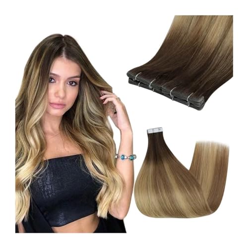 Tape in Haarverlängerungen Tape-in-Echthaar-Extensions, Farbe 3, verblassend bis 8, hervorgehoben 22 Blond, Balayage, nahtlose Tape-in-Extensions, Echthaar, 20 Stück Tape in Extensions(22 inches 2.5G-