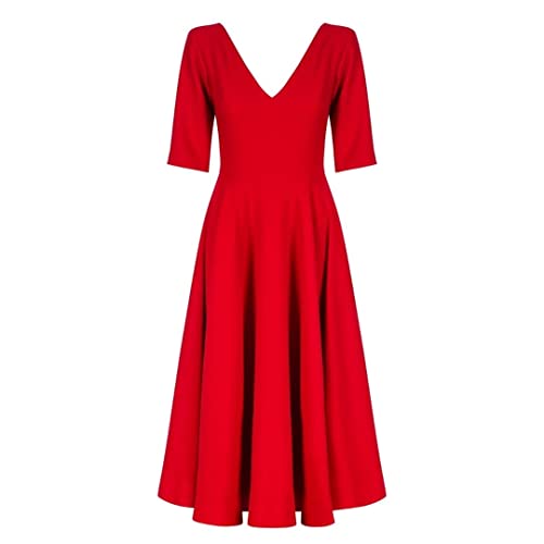 Swing Fashion Women's Sally Rose Damen Midikleid | Elegantes Festliches Kleid | Partykleid | Abendkleid | Hochzeitskleider | Abschlussballkleid | Ballkleid | V-Ausschnitt | 3/4 Ärmel | Rot | 34 (XS)