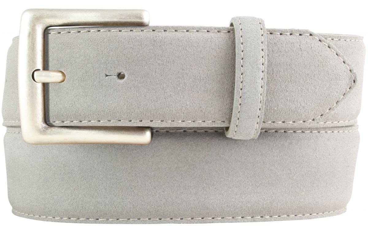 BELTINGER Gürtel aus Veloursleder mit altsilberner Gürtelschnalle 4 cm | Velour-Ledergürtel 40mm | Wildleder-Gürtel alt-silber 4cm | Hellgrau 95cm