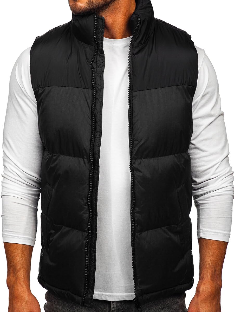 BOLF Herren Weste mit Stehkragen Steppweste Bodywarmer Daunenweste Reißverschluss Ärmellose Sportweste Zip Wärme Freizeit Outdoor Style 9969 Schwarz L [1U1]