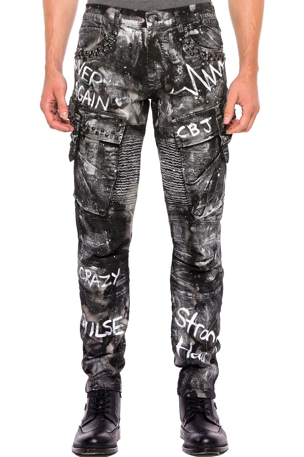 Cipo & Baxx Herren Jeanshose Regular Fit Print Glitzereffekt Denim CD572 Graffiti Patches Ausgefallen Hose W33 L32