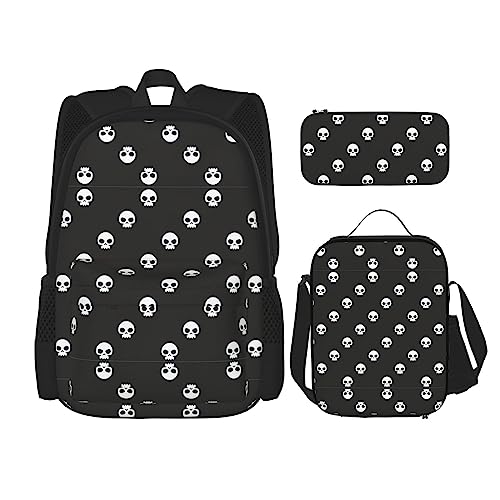 WURTON Lunchbox mit Totenkopf-Motiv, Federmäppchen, Rucksack-Set, 3-teilig, verstellbare Riemen, langlebig, leicht, Schwarz, One Size