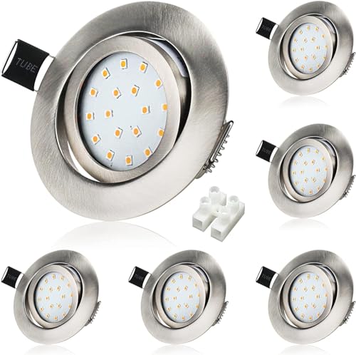 6er LED Einbaustrahler Flach 230V, 5W Warmweiß Schwenkbar Spots Deckenleuchte, Rund Gebürstet Mini 450LM Einbauleuchten Set