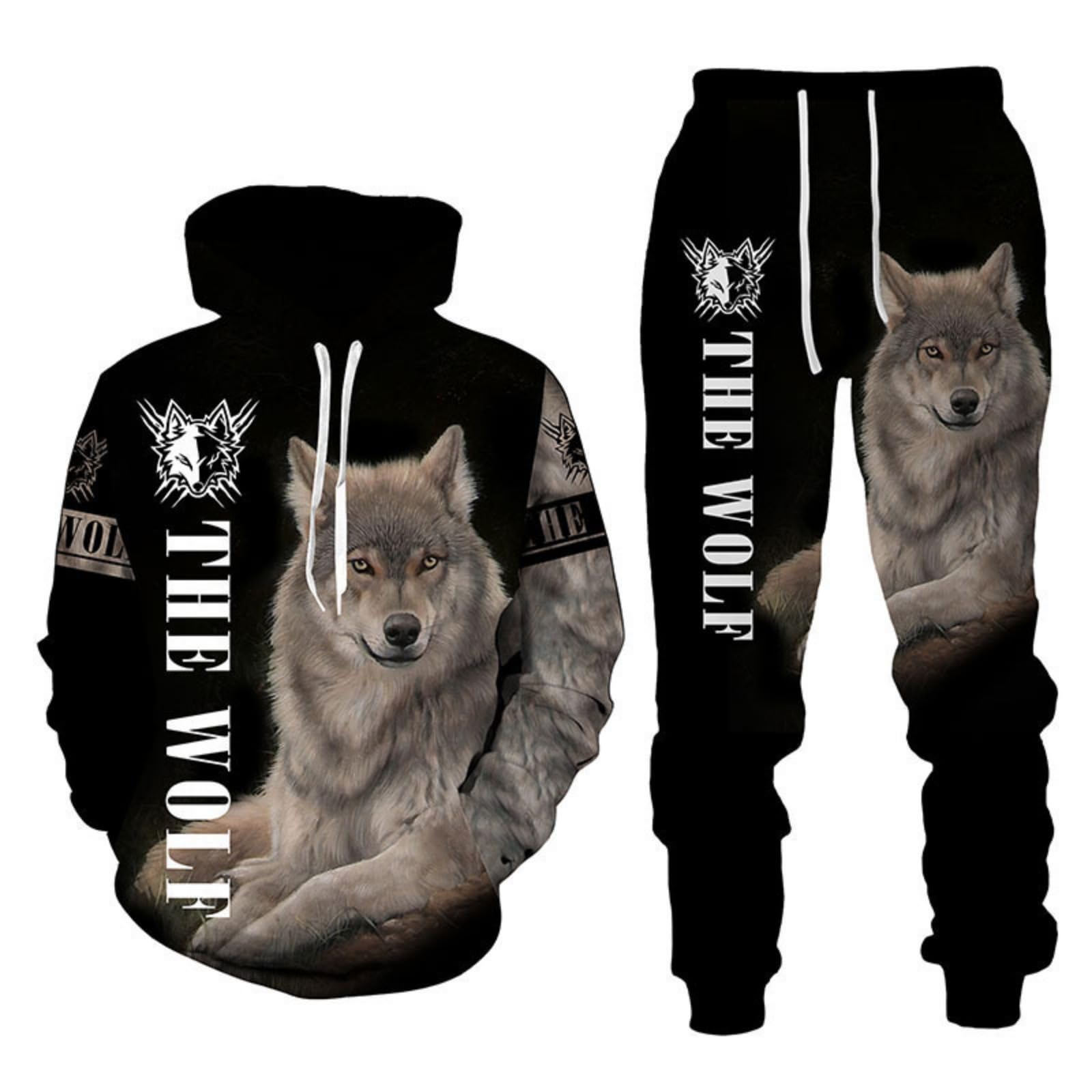 RIAAJ 3D wolf Druck Hoodie Herren Jogginganzug Unisex Sweatshirts Hoody + Hose Sets (A4,M)