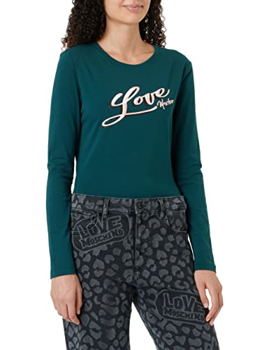 Love Moschino Damen Tight-fitting Long Sleeves With Brand Signature Print T Shirt, Grün, 42 EU