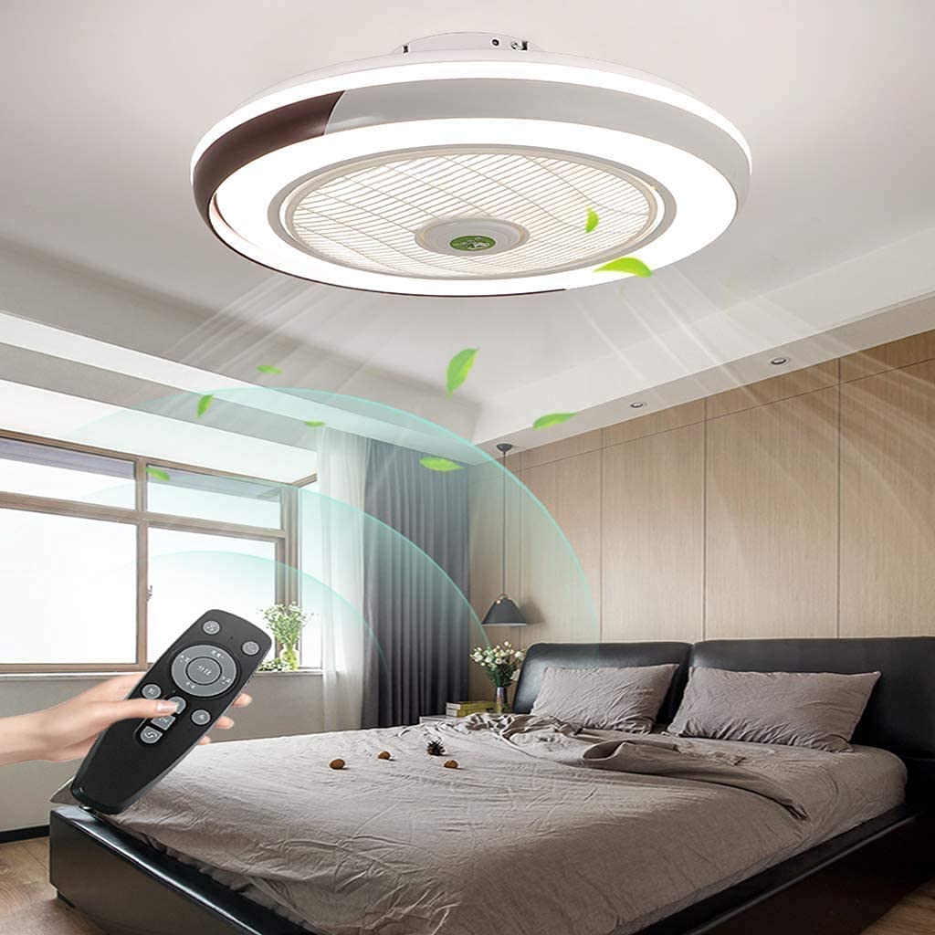 HYKISS LED Fan Deckenleuchte Moderne Nordic Dimmable Deckenventilator Ultradünn Unsichtbar 32W Deckenventilator Mit Beleuchtung Schlafzimmer Wohnzimmer Fan Deckenlampe(Ø50cm) (Kaffee)