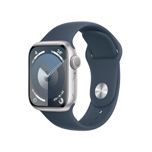 Apple Watch Series 9 [GPS, 41mm] - Silber Aluminiumgehäuse mit Sturmblau Sport Band, S/M (Generalüberholt)