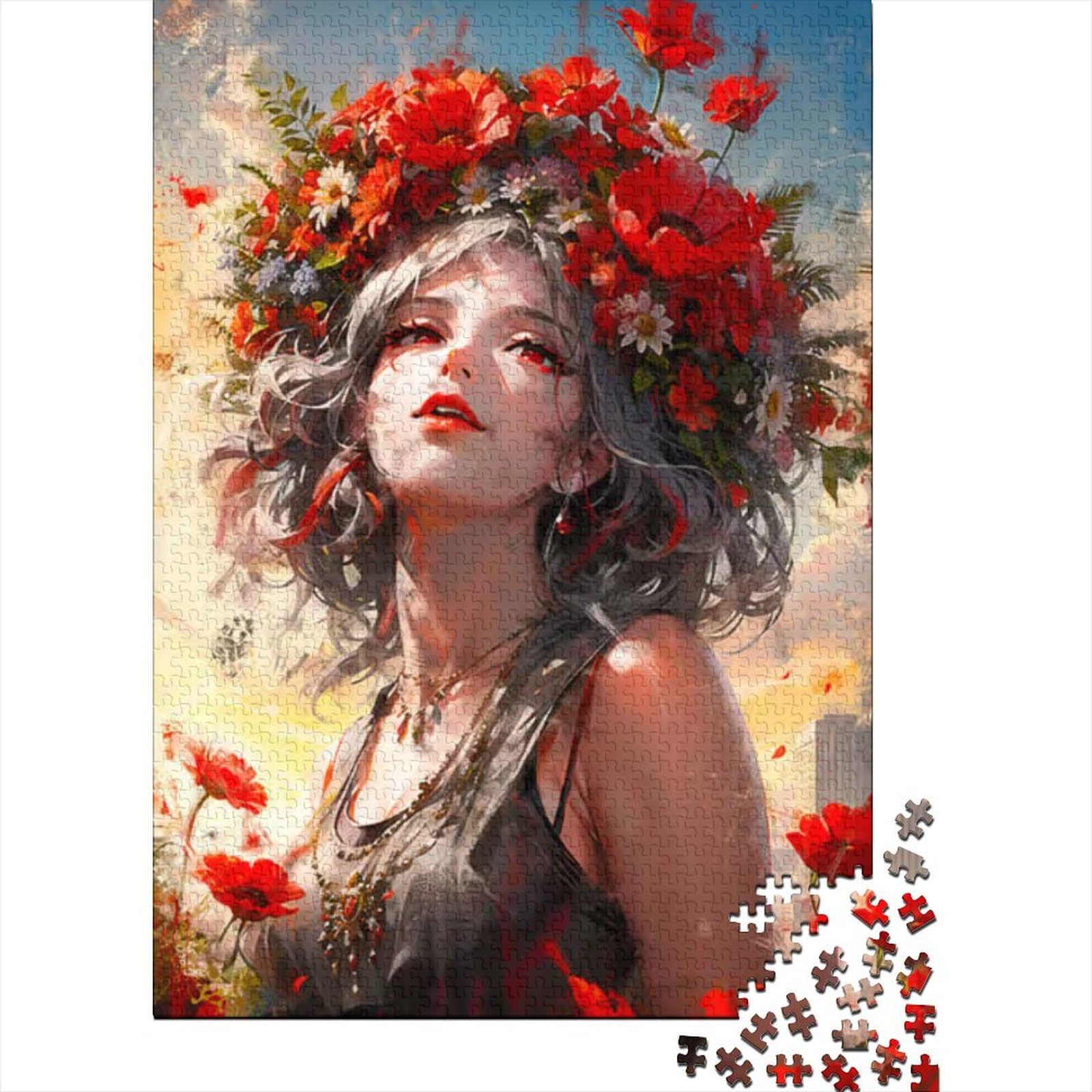 Frauenkranz aus Blumen Puzzle für Erwachsene und Teenager Kunstpuzzle für Erwachsene 1000 Teile Holzpuzzle für Erwachsene und Teenager (Größe 29,53 x 19,69 Zoll)