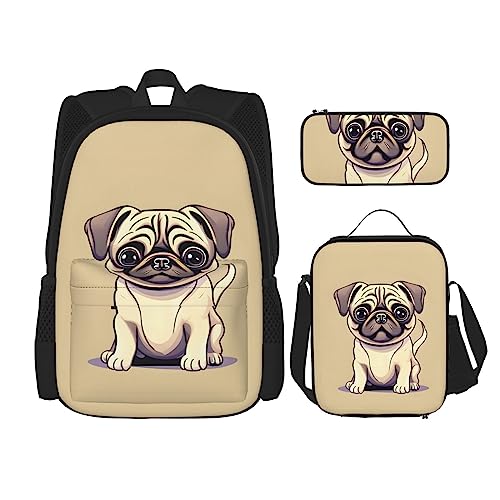 YQxwJL 3-in-1-Rucksack-Büchertaschen-Set, lustiger Cartoon-Mops, Welpen, Hunde, lässiger Reiserucksack, mit Federmäppchen, Lunchtasche