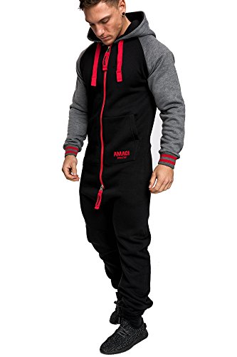 Amaci&Sons Herren Overall Jumpsuit Onesie Jogging Sportanzug Trainingsanzug Jogginganzug 3022 Schwarz/Rot 3XL