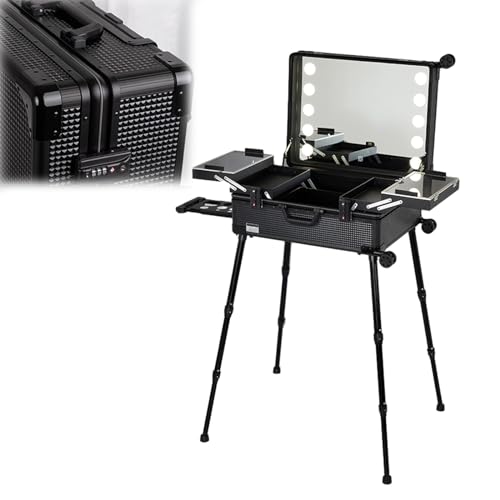 Extra großer Aluminium-Trolley, Make-up-Zugkoffer mit integrierten LED-Leuchten, professioneller Kosmetik-Organizer, Studio mit Ständer (Black Plaid 52x40x22.5cm)