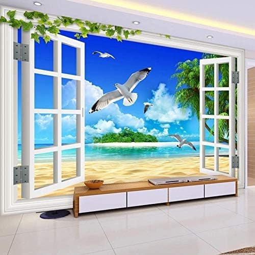 XLMING Portrait Fenster Meerblick Strand Kokosnussbaum Raumerweiterung Küche Esszimmer Arbeitszimmer Wohnzimmer TV Hintergrund Wand 3D Tapete-300cm×210cm