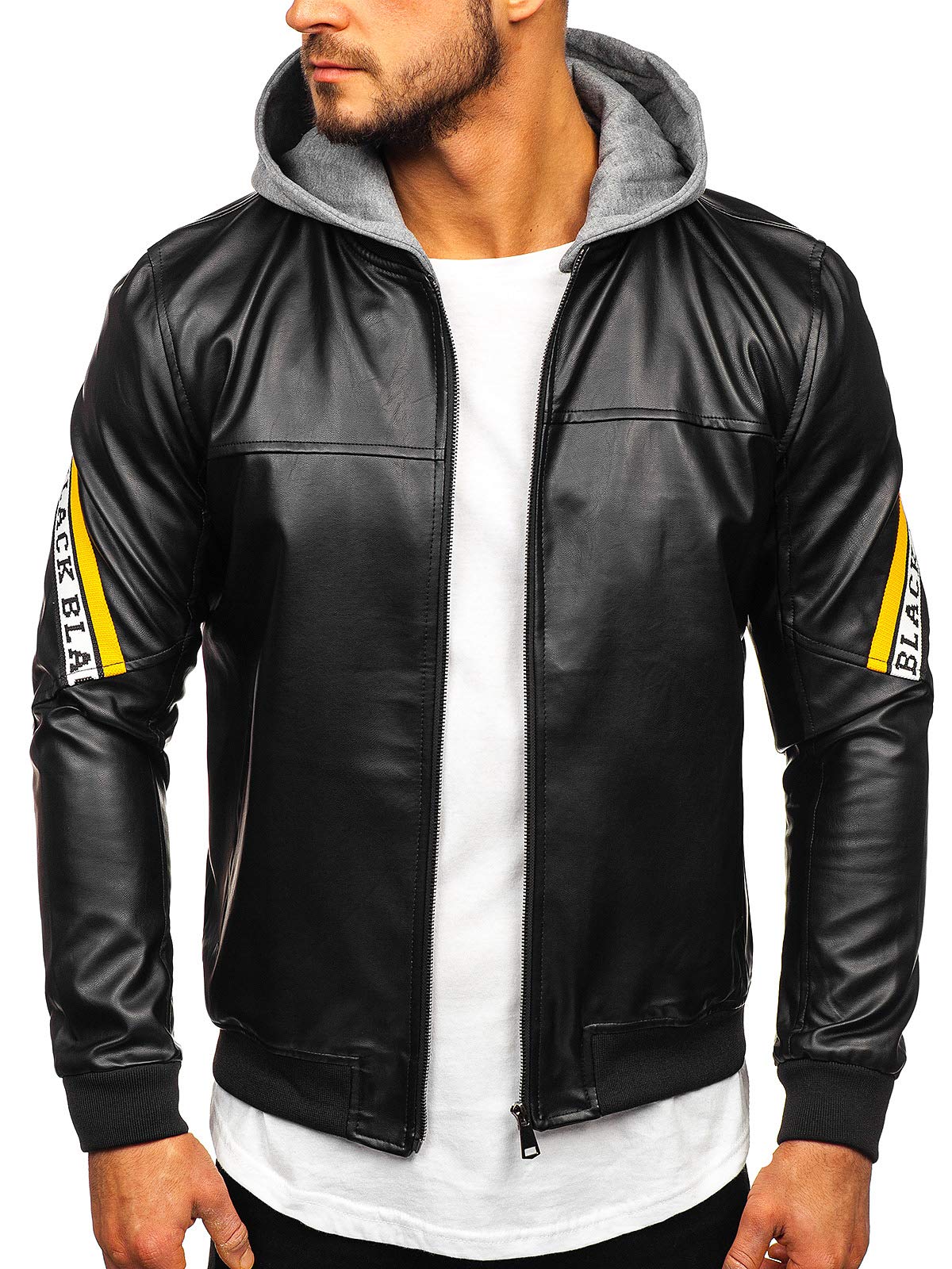 BOLF Herren Lederjacke Kunstlederjacke Bikerjacke Übergangsjacke Steppjacke Motorradjacke Pilotenjacke Fliegerjacke Bomberjacke Kapuze Stehkragen Casual Style RED FIREBALL HY614 Schwarz-Gelb M [4D4]