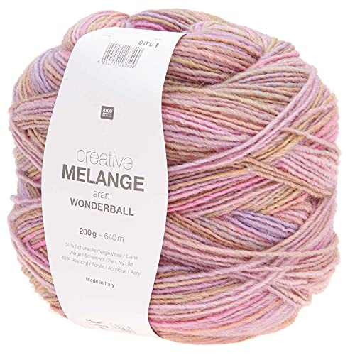 Rico Creative Melange Aran Wonderball Colour Gradient Wool Needle Size 5 mm for Knitting or Crocheting, Wool 200 g Ball