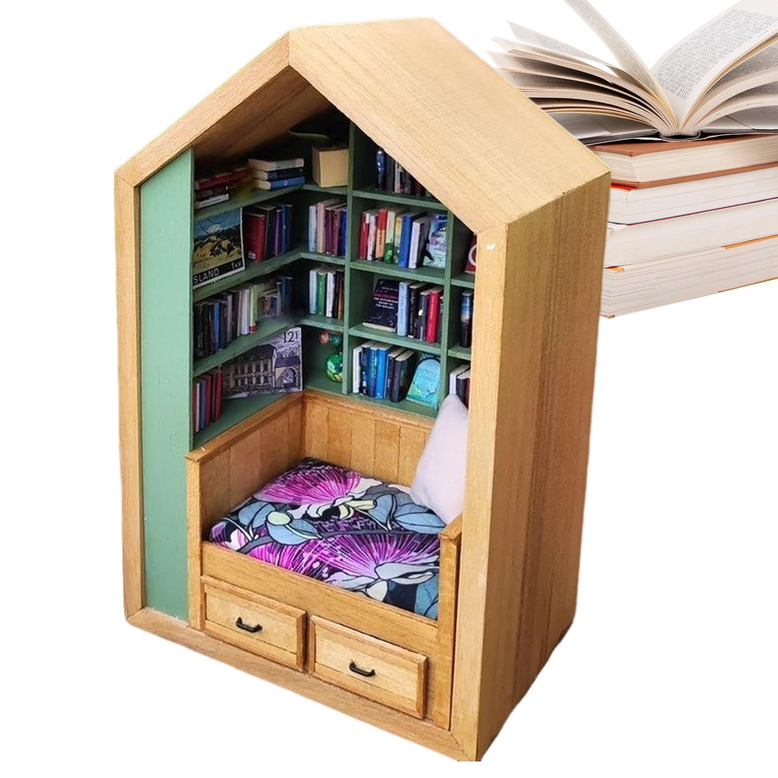 Takluu Kleines Bücherregal für Bücher,Bücherregal zum Stressabbau | Innovatives Deko-Set für Bücher und Bücher zum Stressabbau | Miniatur-Bücherregal, Miniatur-Bücherbox, Dekoration mit 2 Kissen für