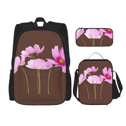 WURTON Rucksack mit rosa Blättern und Blumen, für Mädchen, Jungen, Schultaschen, Teenager, Lunchbox und Federmäppchen, 3-in-1-Büchertaschen-Set