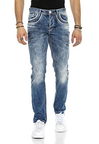 Cipo & Baxx Herren Jeans Hose Used Look Regular Fit Vintage Denim Destroyed Ziernaht C-1127 W34 L34 Blau