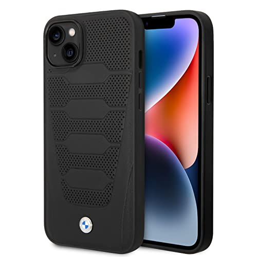 CG MOBILE BMW Phone Case for iPhone 14 Signature Collection in Black Perforated Seats, Real Leather Protective & Durable Case with Easy Snap-on, Shock Absorption & Signature Logo