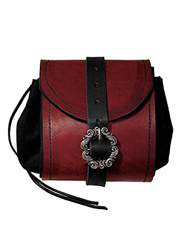 Andracor - Zweifarbige Gürteltasche Streuner - Geräumige Seitentasche aus Leder mit floraler Schnalle - Braun Grün Rot Schwarz - Zubehör für LARP Mittelalter Wikinger & Steampunk