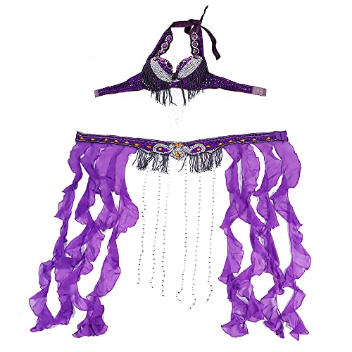 Bauchtanz Gürtel,Münzgürtel Größe S-XL. Performance frauen dancewear professionelle 2 stücke outfit perlen kostüm bauchtanz bh gürtel mit fransen(Purple bra belt,One Size)