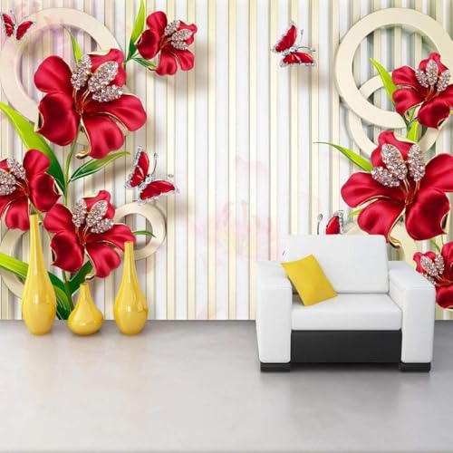 Schmuck Diamanten Rote Blumen Schmetterlinge 3D Tapete Poster Restaurant Schlafzimmer Wohnzimmer Sofa TV Dekorative Wand-430cm×300cm