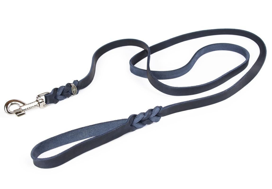 CopcoPet - Hundeleine Blau 2,2 m x 15 mm aus hochwertigem Rindsleder - Weiche Fettlederleine mit Chrom Karabiner - Geflochtene Führleine für Hunde - Hunde Zubehör 100% Handmade in Germany