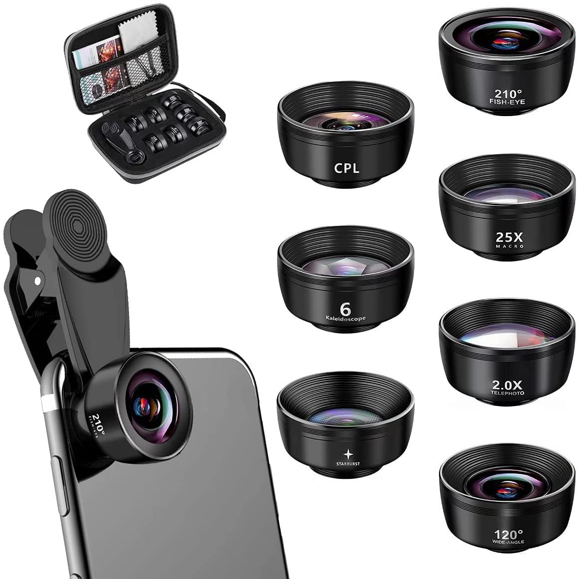 Handy Objektiv, 7 in 1 Handy Objektiv Kamera Linse Kit, Clip On Kamera Adapter für Smartphones, 210° Fisheye Objektiv mit Universal Klammer für alle Handys geeignet und Tablets (A-Neues Modell)