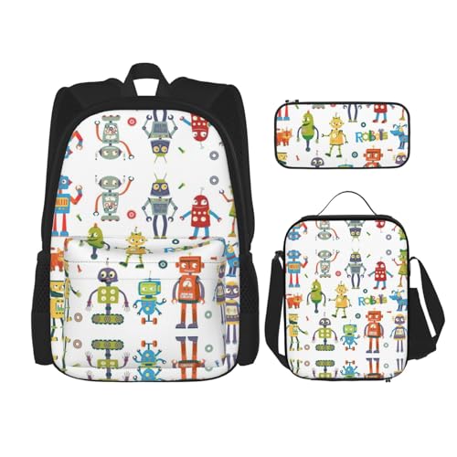 WURTON Niedlicher Cartoon-Roboter-Druck, trendiger Rucksack, Tasche, Lunchbox und Federmäppchen, 3-in-1, verstellbares Rucksack-Set