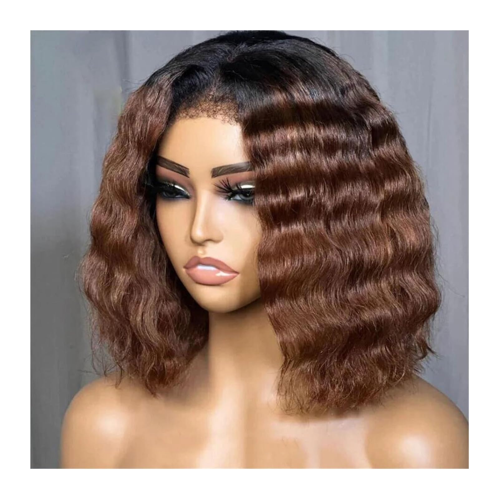 Perücke für Frauen Babyhaar, hitzebeständig, vorgezupft, natürlicher kurzer Bob, 180 Dichte, 40,6 cm, Ombre-Braun, leimfrei, tiefe Welle, Lace-Front-Perücke for Frauen Human Hair Wig(12INCHES)