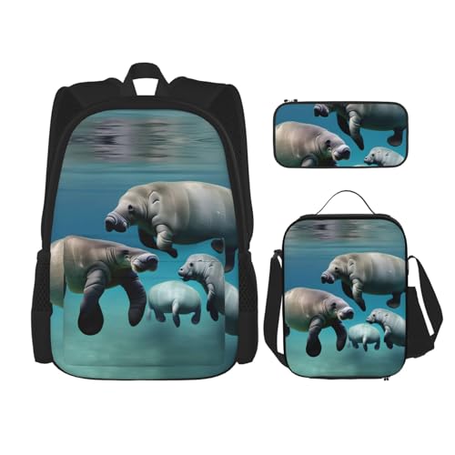 WURTON Manatee Animals Print Lunchbox Federmäppchen Rucksack Set 3 Stück Verstellbare Träger Langlebig Leicht, Schwarz, One Size