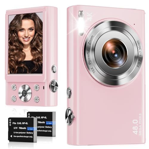 Digitalkamera, 4K Autofokus Fotokamera HD 48MP mit 2,8" großem Bildschirm, 16X Digitalzoom, Kompaktkamera für Fotografie, Fotoapparat für Teenager, Erwachsene, Anfänger（Rosa）