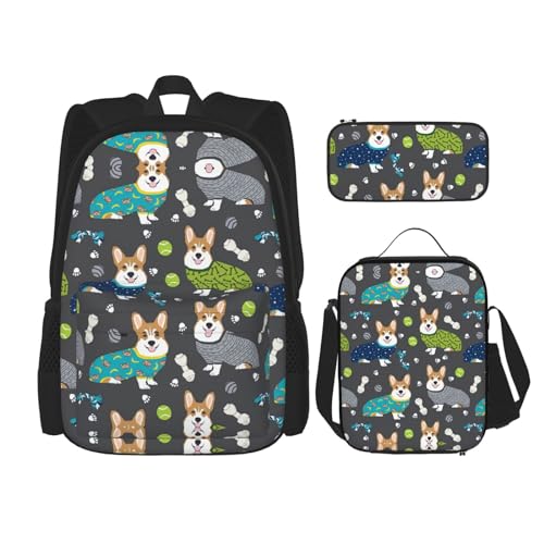 WURTON Trage Kleidung Corgi Dogs Print Lunchbox Federmäppchen Rucksack Set 3 Stück Verstellbare Träger Langlebig Leicht, Schwarz, One Size