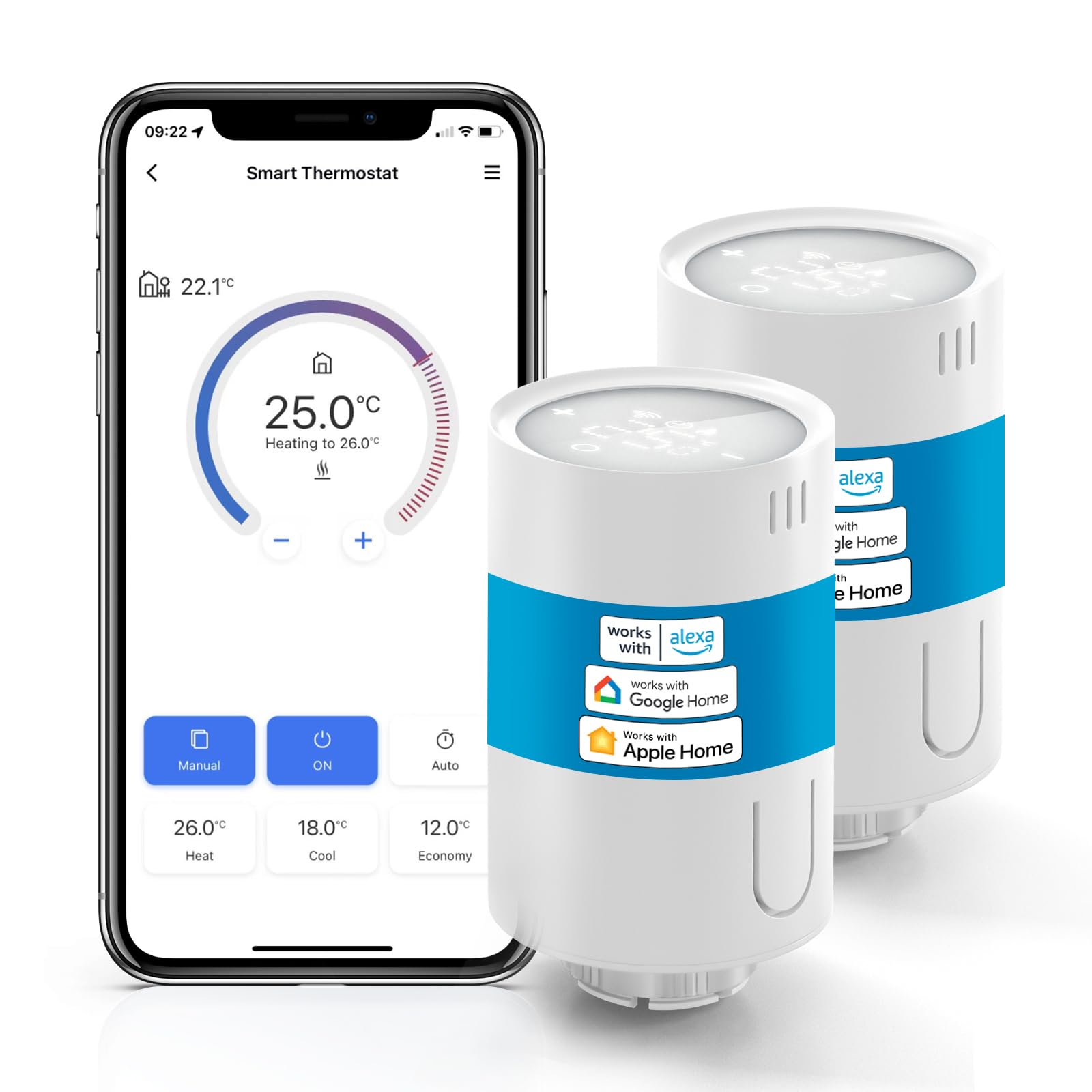 Meross WLAN Heizungsthermostat kompatibel mit HomeKit, smartes Heizkörperthermostat benötigt Hub, kompatibel mit Siri, Alexa und Google, M30*1,5mm, 2pcs