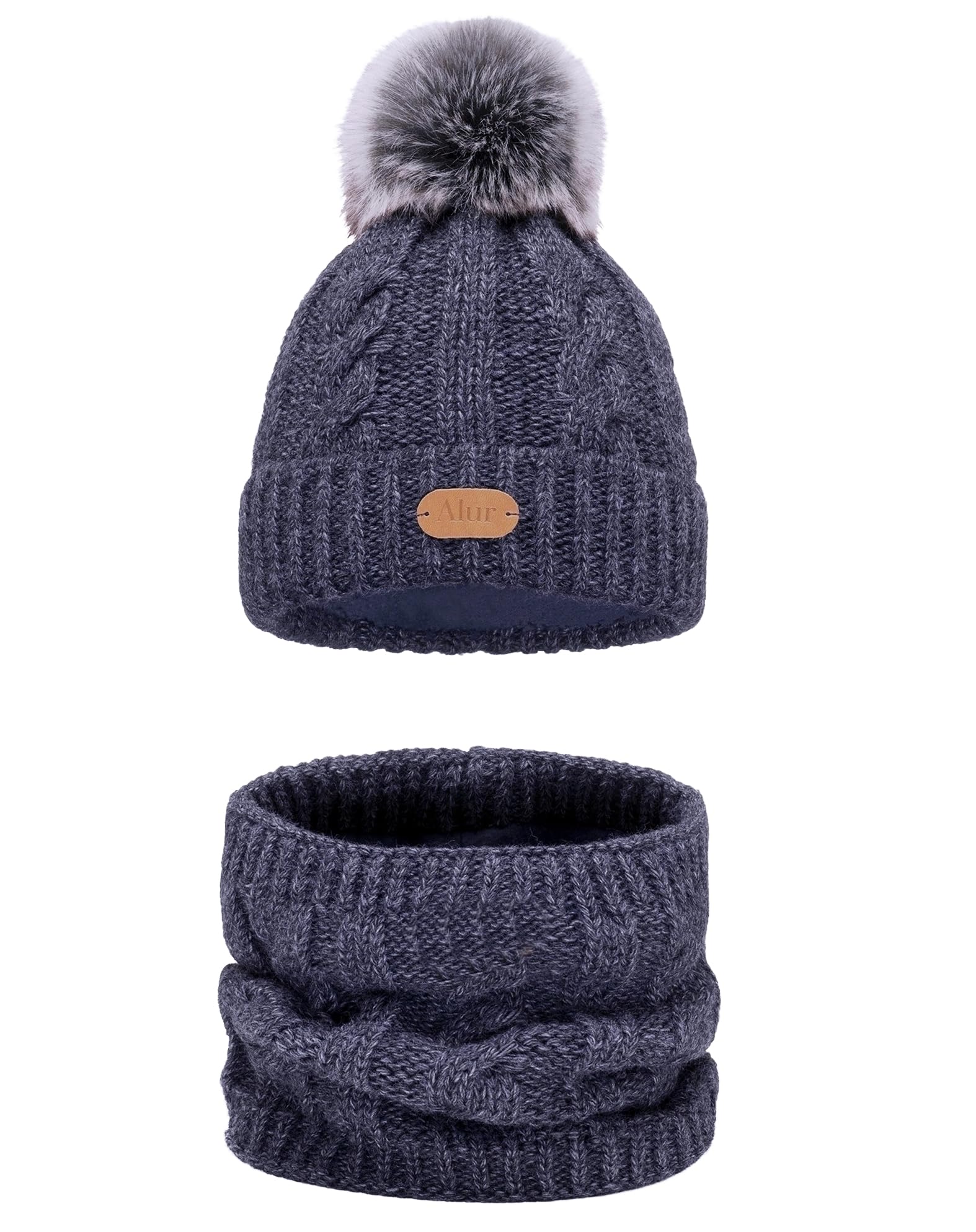 Alur Mütze Kinder Unisex Beanie mit Loop Schal Set Wintermütze Strickmütze mit Bommel - Warme Elastisch Elegant Winter Mütze Schal Eko Bommelmütze - Weiches Garn Stilvoll Warm (Graphit)