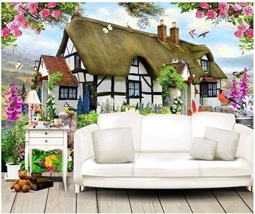 Rustikales Cottage Rosengarten 3D Tapete Poster Restaurant Schlafzimmer Wohnzimmer Sofa TV Dekorative Wand-250cm×170cm