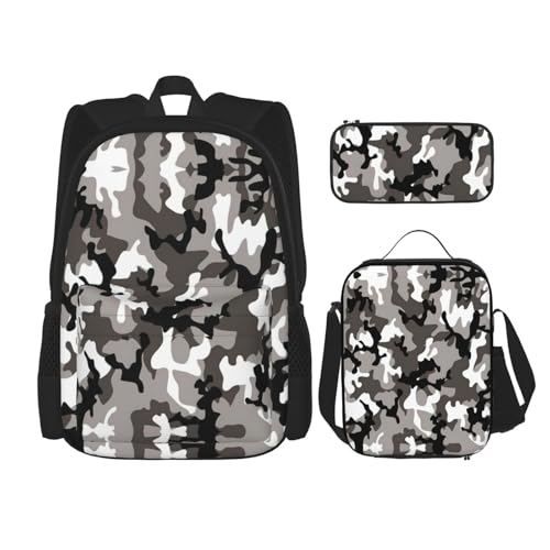 WURTON Ack Schulrucksack-Set mit Lunchbox, Federmäppchen, Reise-Laptop-Tagesrucksack, grau-weiß, Camouflage-Druck, 3-in-1