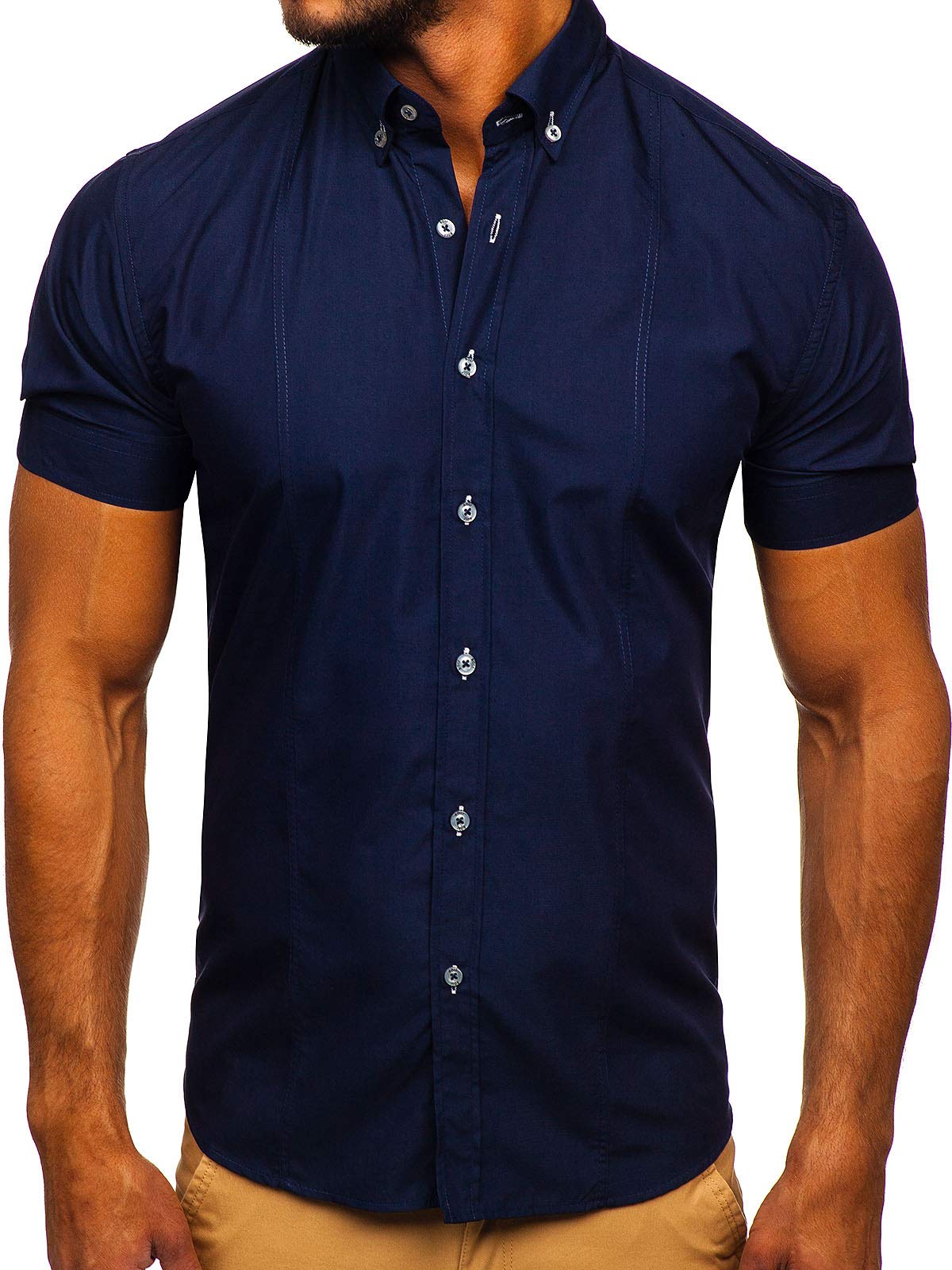 BOLF Herren Hemd Kurzarm Sommerhemd Figurbetont Bügelleicht Baumwollmischung Unifarben Basic Slim Fit 5535 Dunkelblau L [2B2]