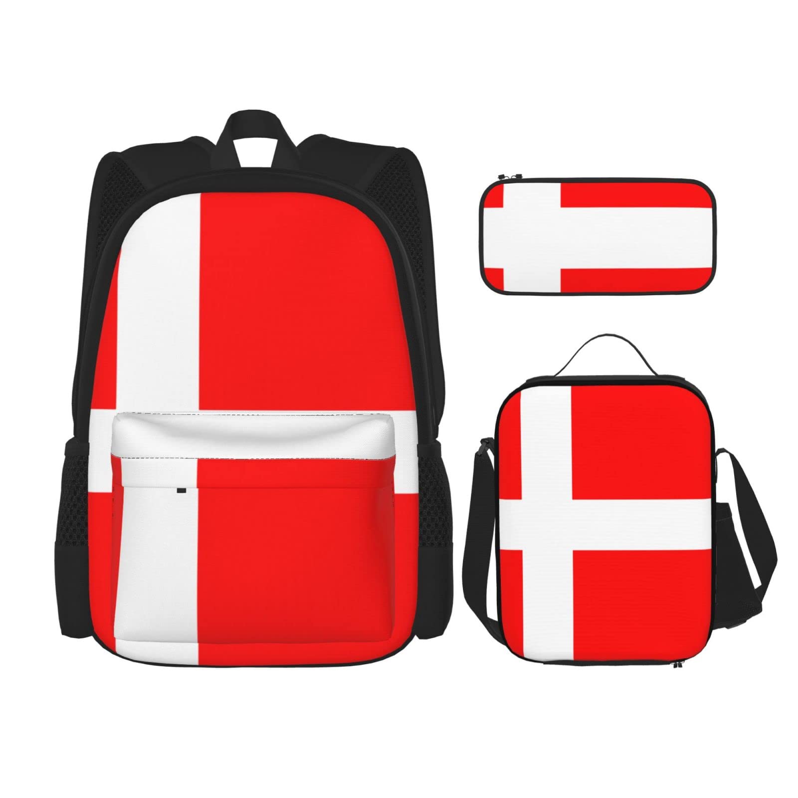 DENMER Mehrzweck-Schulranzen mit Libelle, mit passendem Federmäppchen und Lunchtasche, Set - Ihre stilvolle All-in-One-Lösung, Schwarz, Dänemark Flagge, Einheitsgröße