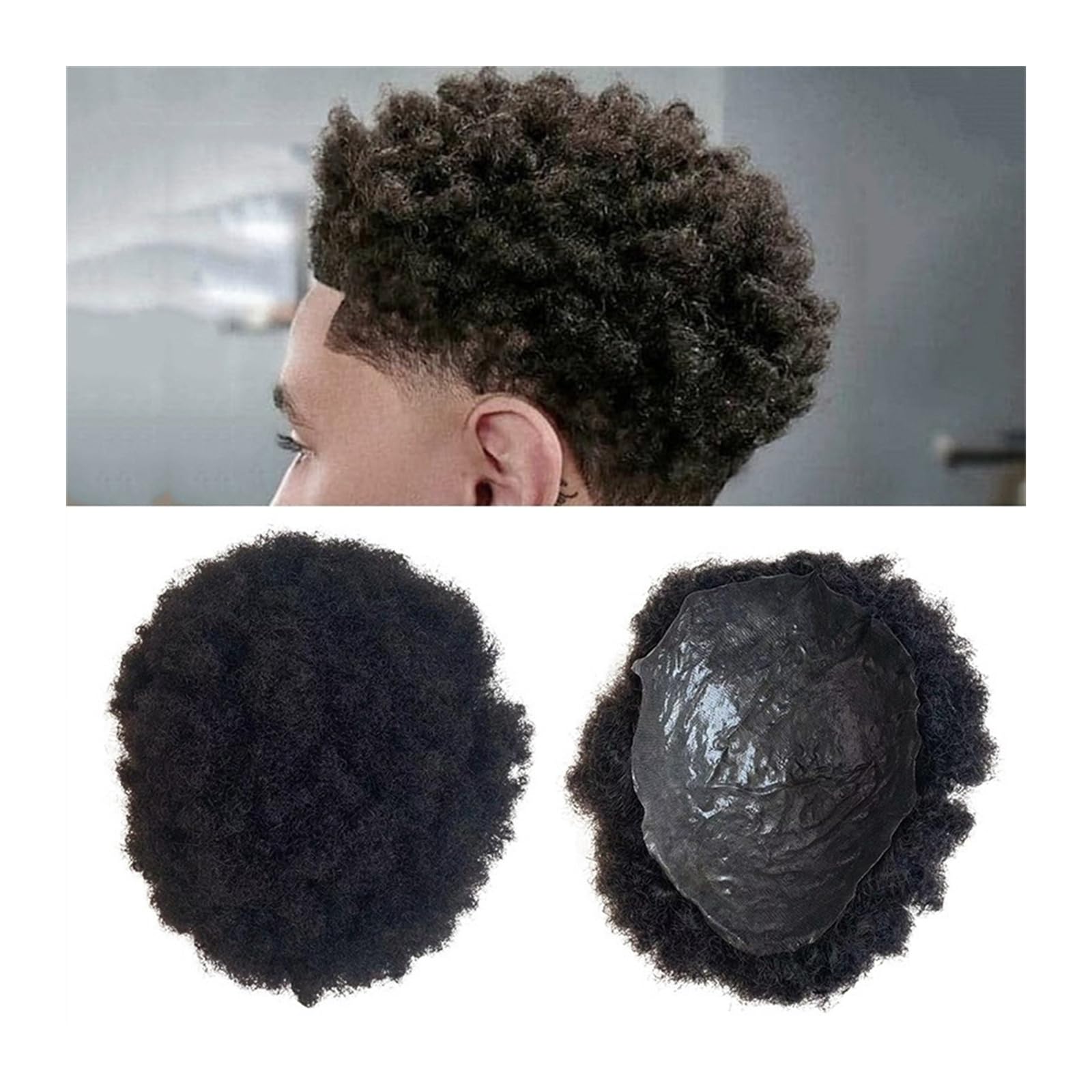 Toupet für Männer Haarersatz Systeme Männer Toupet Volle Dünne Haut 0,04-0,06mm PU Basis Echthaar Perücke 4mm Afro Lockiges Haar Indisches Remy Haar System Männer Haarteil Natürliche Farbe Perücke Män