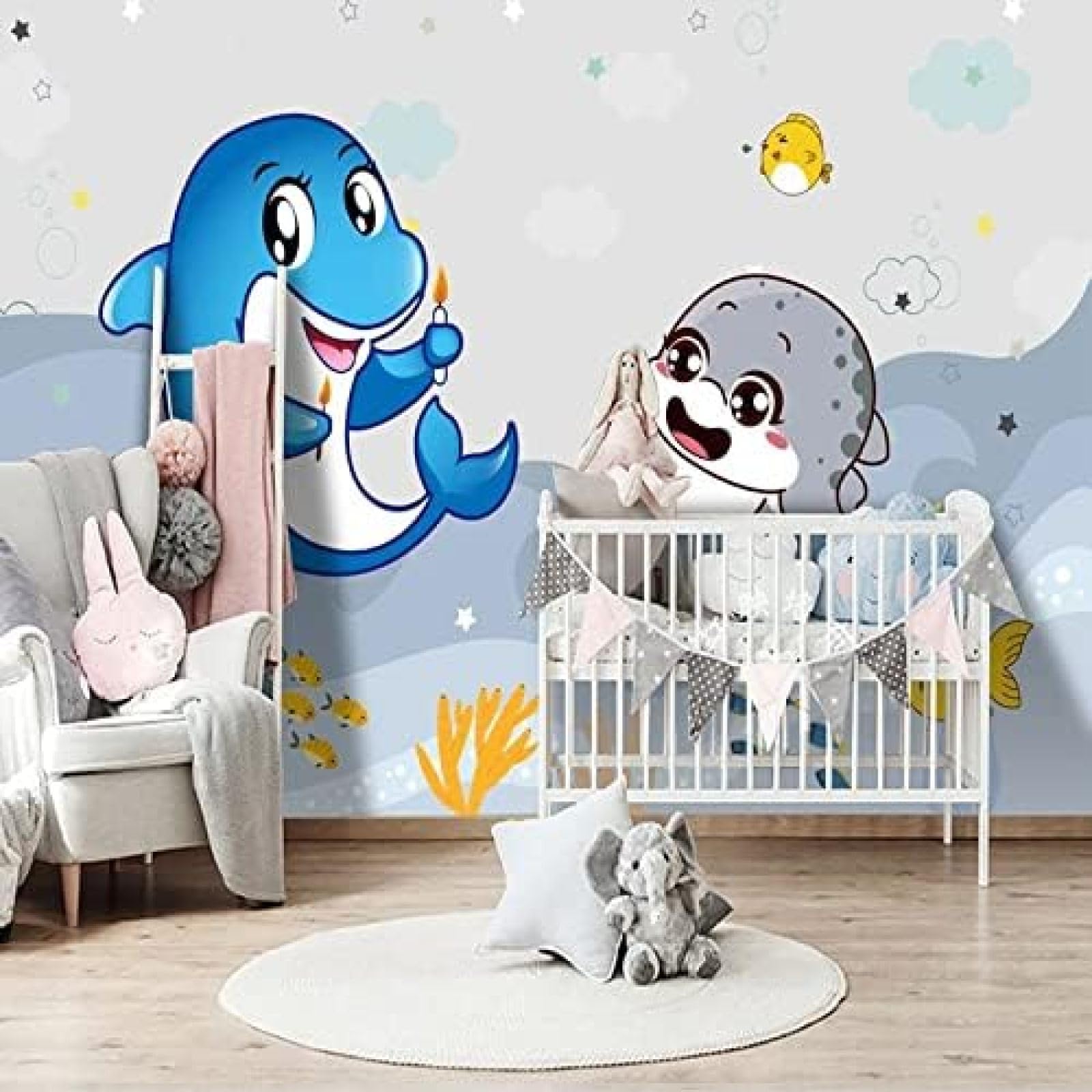 XLMING Einfaches Handbemaltes Tier Delfin Kinderzimmer 3D Tapete Wohnzimmer Sofa Schlafzimmer Esszimmer Home Dekoration Wand-150cm×105cm