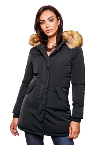 Marikoo Damen Winter Jacke Parka Mantel Winterjacke warm gefüttert B362 [B362-Karmaa-Schwarz-Gr.S]